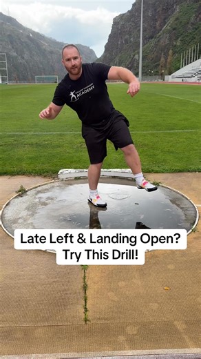 If your left foot is late getting down in the front and you’re landing open, try this 👇 Start in your half turn position and complete one rep — but instead of stopping, flow straight into another half turn. Focus on pushing hard off your left foot out of the back, keeping it low to the ground, and snapping it down fast in the front. Quick off the back. Quick into the power position. Clean that up and you’ll stop leaking throws right. Follow for more throwing tips 💥 #shotput #discus | Coach Joe