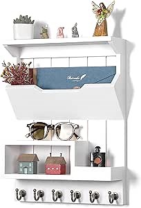 Key Holder for Wall, Mail Organizer Wall Mounted, Mail and Key Holder with 6 Key Hooks for Home Decor, Pine Wood White