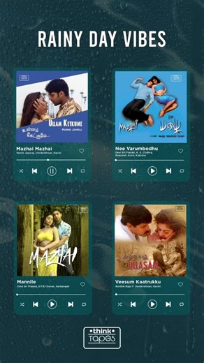 Think Tapes on Instagram: "Your perfect playlist for a chilling #RainyDay 💚☔ #ThinkTapes #RainyDayPlaylist @jharrisjayaraj @thisisdsp #KarthikRaja @singerharini_official @kschithra @spbcharan @sumangalyariyanayagam @unnikrishnanpofficial @vairamuthuoffl #PazhaniBharathi @aryaoffl @poojag.umashankar @iam_ravimohan @shriya_saran1109 @maheswari_actress #ChiyaanVikram"