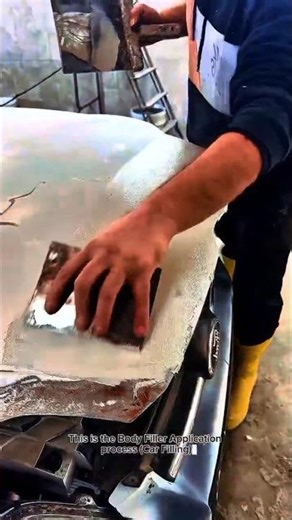 Professional Auto Body Repair – Applying Body Filler on Car Hood (Satisfying Process)