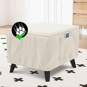 H.VERSAILTEX Durable Ottoman Cover Linen Look Storage Ottoman Slipcover Thick Footrest Stool Covers with Storage Side Pocket for Square Ottoman Fit Length 24"-25" Footrest - Heather Ivory