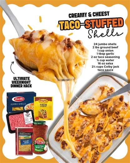 TACO-STUFFED SHELLS 🌮 fun twist on taco night! INGREDIENTS ⬇️ 24 jumbo shells 2 lbs ground beef 1 cup sweet onion (chopped) 1 tbsp minced garlic 2 oz taco seasoning ¾ cup water 16 oz mild salsa 2½ cups shredded Colby Jack cheese Taco sauce (for topping) 🖨️ SAVE this RECIPE for LATER!! | Best Fall Recipes