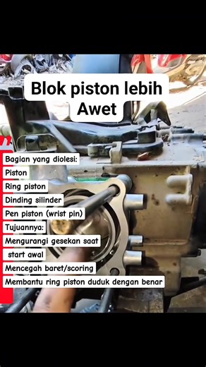 Bagian yang diolesi: Piston Ring piston Dinding silinder Pen piston (wrist pin) Tujuannya: Mengurangi gesekan saat start awal Mencegah baret/scoring Membantu ring piston duduk dengan benar #Otomotif #MesinMotor #MesinMobil #EngineCare #PerawatanMesin #Piston #RingPiston #DindingSilinder #PenPiston #WristPin | Mur To No
