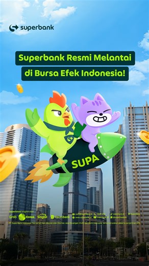 Yuhuuu! Superbank kini resmi melantai dan meroket di Bursa Efek Indonesia! 拾 Yuk, jadi bagian dari Superbank karena era baru akan segera dimulai! —---------------------------------------- Jika ada kendala, hubungi Super Care di 1500 333 (berbayar), atau email ke care@superbank.id PT Super Bank Indonesia Tbk berizin dan diawasi oleh Otoritas Jasa Keuangan (OJK) dan Bank Indonesia, serta merupakan peserta penjaminan LPS. #Superbank #SUPA #SuperbankForAll | Superbank | Facebook