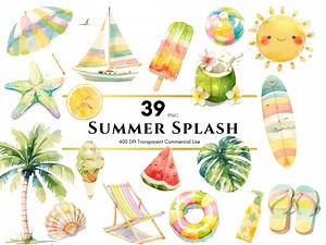 Summer Clipart, Summer Vibes PNG, Watercolor Beach Clipart, Travel Clipart, Beach Ball, Holiday Vacation Clipart, Pool Party PNG, Ocean PNG - Etsy