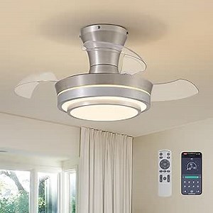 Retractable Small Led Ceiling Fan with Light and Remote 28 Inch Low Profile Brushed Nickle Modern Fandelier for Bedroom Living Room Dimmable 6 Speed Reversible Smart Ceiling Fan