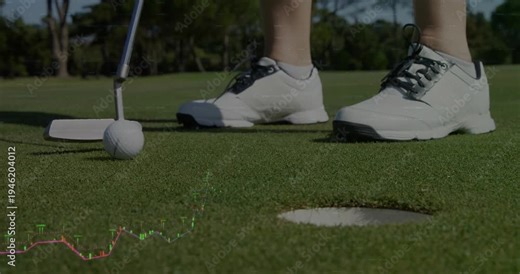 Golf player aligning putter and initiating stroke on green to sink ball, faint chart rising beside