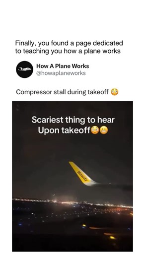 How A Plane Works on Instagram: "A compressor stall happens when the smooth flow of air through a jet engine is disrupted, causing pressure inside the compressor to build unevenly. This can lead to a sudden loss of thrust and a loud bang or popping sound as air briefly flows backward through the engine. It’s often caused by rapid throttle movements, turbulence, or improper airflow at certain angles of attack. Though startling, most modern engines are designed to recover quickly from these stalls