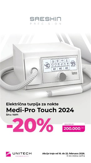 Unitech - Nails & Beauty on Instagram: "Ako je pedikir tvoj potpis, alat mora da prati tvoj standard! 👣👌🏻 Profesionalna električna turpija SAESHIN Precision Medi‑Pro Touch donosi novu generaciju snage, preciznosti i higijene - direktno iz Južne Koreje. 🇰🇷 ✔️ Do 40.000 o/min – savršena kontrola i efikasnost ✔️ Bešumni motor sa automatskim stezanjem, bez četkica ✔️ Ugrađeno LED svetlo za maksimalnu preciznost ✔️ Snažan usisivač (120 W) - za čist radni prostor, bez fine prašine ✔️ Touch screen