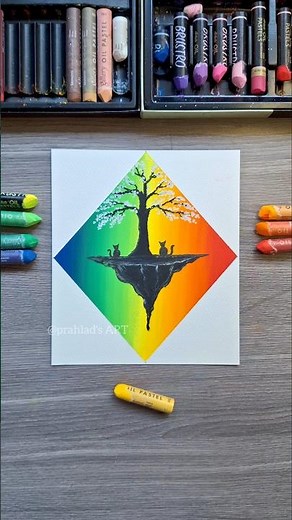 🌈 Rainbow Floating Island Drawing | Easy Oil Pastel Landscape Tutorial