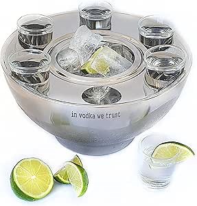 Vodka Serving Set - Keeps Drinks Cold - Vodka Gifts - Shot Glass Holder - 6 shot glasses for vodka included - A Stainless Steel Vodka Chiller Set - Gifts for vodka Lovers