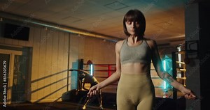 Young woman jumping rope in a boxing gym with colored lights while another woman warms up in the background, showcasing fitness routines, active lifestyle, and training in a modern indoor workout