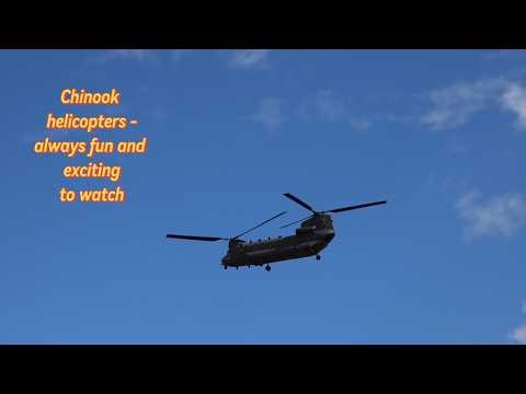 Chinook helicopters passing around on training flights - close up and distant views
