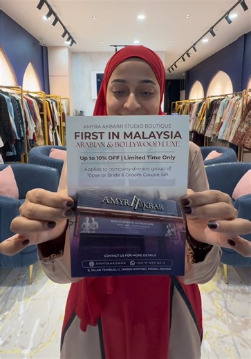 First in Malaysia. A statement, not just a claim 👑 Step into the world of Arabian & Bollywood luxury with Amyra Akbar Studio Boutique, where every piece is designed to make you feel like the main character! Enjoy up to 10% OFF (limited time only) for: • Company dinners (10 pax) • Bride & Groom couple sets 📍 Masai, Johor 📲 DM / WhatsApp us to book your fitting #amyraakbarr #bollywoodandarabianlux