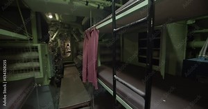 Submarine crew rest cabin. Interior tour of combat submarine