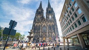 Cologne cathedral time lapse hyperlapse wide angle view in front of cologne dom, cologne church in germany,