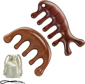 2 Pack Natural Sandalwood Wide Tooth Wooden Massage Comb, Scalp Meridian Head Massage Tool
