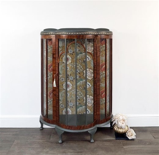 Art Deco Hand-painted Glass Display Cabinet, Vintage Drinks Cabinet, Green Floral Backing - Etsy UK