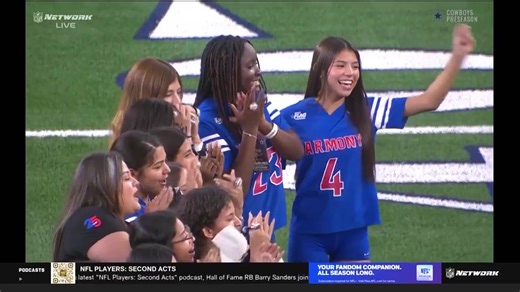 🏈 So cool! The Harmony Science Academy El Paso girls' flag football team was one of two Texas teams honored at AT&T Stadium tonight before the Dallas Cowboys preseason football game! Here's the clip, in case you missed it. #HPSAthletics | Harmony Public Schools