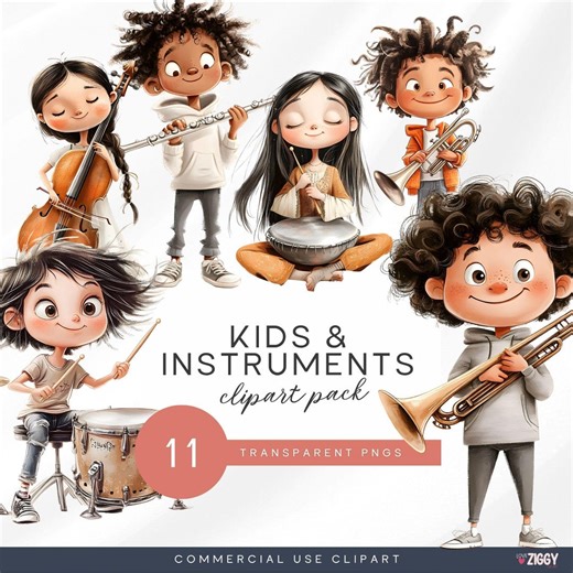Kids With Instruments Clipart Set, Cartoon Music PNG, Children Music Art - Etsy