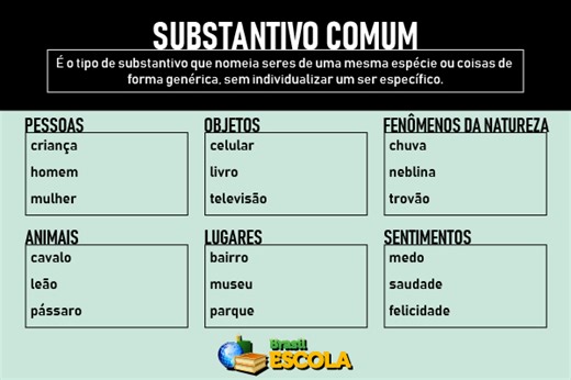 Substantivo comum: o que é, 60 exemplos - Brasil Escola