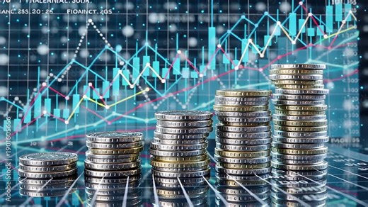 shiny coin stacks with dynamic financial graph overlays | finance, investment, business, economy, data analysis theme