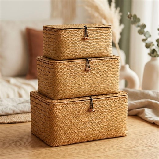 Wicker Storage Box With Lid Boho Rattan Basket Natural Organizer Home Decor - Etsy