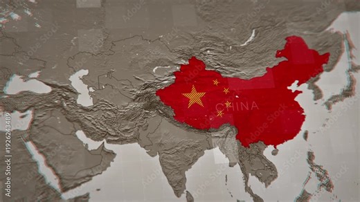 Aerial flyover of a 3D map of China. The view includes mainland China, the island of Taiwan, and the coastal waters of the South China Sea, highlighting the country's territorial integrity.