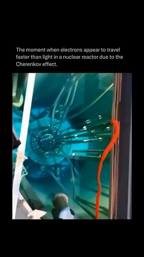 RevealFacts on Instagram: "The Cherenkov effect occurs when a charged particle travels through a medium like water or glass faster than light can travel in that medium, resulting in the emission of a blue glow. This phenomenon is used in particle physics and nuclear reactors to detect high-energy particles and monitor radiation."