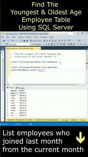 Find The Youngest And Oldest Employee Age DOB In SQL Server