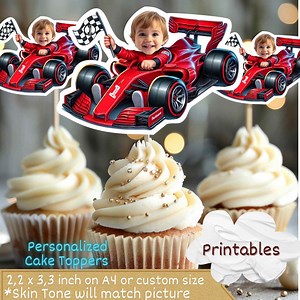Race Car Photo Cupcake Toppers Personalized,boy Face Red Car Toppers,racing Birthday Party Decor, Racecar Cupcake Toppers,car Cupcake Topper - Etsy