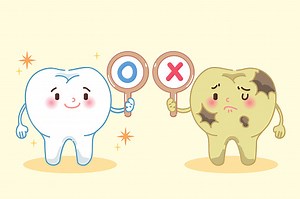 cute cartoon healthy teeth and tooth decay take cross and circle board