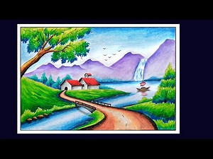 Oilpastel Scenery Drawing || Beautiful Scenery Drawing || Hill with River Scenery Drawing