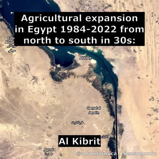 Agricultural expansion in Egypt over the past 30 years in 30 seconds. Citrus and table grapes are Egypt’s two most widely grown fruit crops. Most of the area planted is in reclaimed land, which makes… | Adam Formica | 43 comments