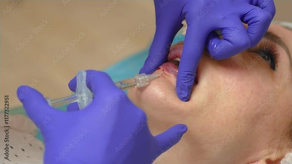 Procedure lip augmentation. Professional cosmetologist injects hyaluronic acid into with syringe, Blood protrudes from punctures. Cosmetologist makes injections to enlarge lips of beautiful woman