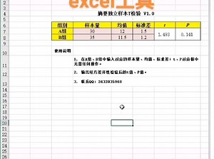 摘要独立样本t检验excel工具，无原始数据计算tp值