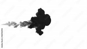 One ink flow, infusion black dye cloud or smoke, ink inject on white in slow motion. Writing ink swirls in water. Inky background or smoke backdrop, for ink effects use luma matte like alpha mask
