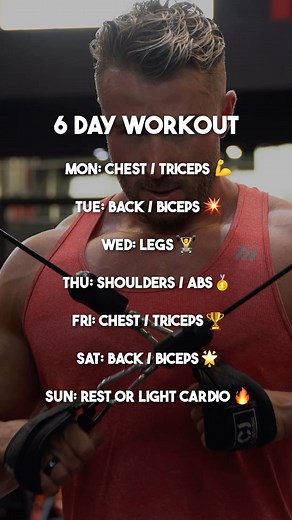 18K views · 5K reactions | 6 Day Workout  Structured gains every day!  This 6-day split targets specific muscle groups, optimising recovery and promoting balanced strength. From chest-pumping Mondays to back-building Tuesdays, Each day brings a step closer to your fitness goals. Consistency breeds progress! #gymmotivation #gym #gymrat #gymbro #fitness #motivation #mindset #mentality #success | Charlie Johnson | Facebook