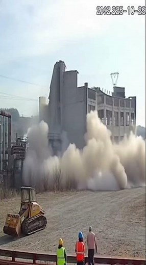 Factory Demolition Mishap Uneven Collapse and Dust on 540p CCTV
