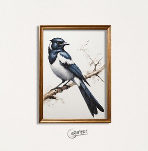 Elster Vogel auf Ast Wandkunst - Vintage impressionistische Cottage Dekor - Printable Digital Download - Etsy.de