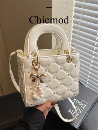Black Rhombus Pattern Elegant Lady Handbag, New Korean Fashion Casual Shoulder Crossbody Bag, Small Niche Bag With Pearl Bow Decor, Suitable For Shopping, Wallet, Young Women, College Students, Newlyweds, Office Ladies. Great For Office, University, Work, Business, Commuting, Outdoor Activities, Travel And Picnics. | SHEIN