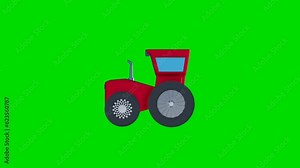3D model of a stylized tractor drives from right to left on a green background. green screen animation. 3d render