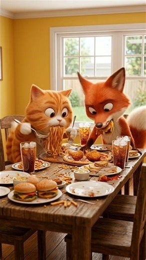 Cat vs Fox Eating Challenge 🍔🦊🐱 | Who Eats Faster? 😳 #ai #cartoon #video