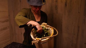 Professional Woman Bath Attendant Washing Birch Broom In Soap Foam In Steam Bath, Relax In Bathhouse