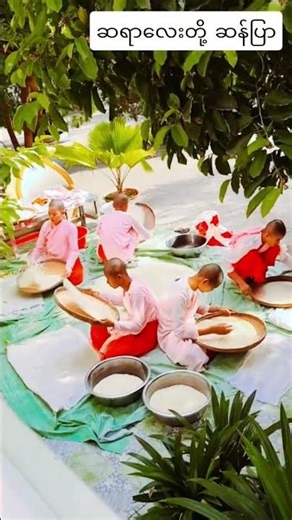 Peaceful Moments: Buddhist Nuns Practicing Traditional Rice Winnowing in Myanmar