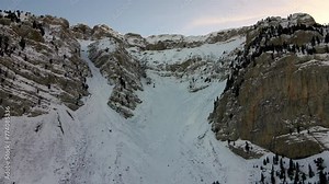 Drone view over the snowy Pyrenees mountain range landscape in Spain