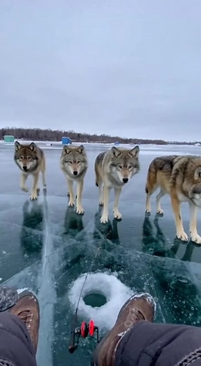 Tiny shapes on the horizon turn into a pack of wolves crossing the ice. There’s nowhere to hide on a frozen lake, just a hole, a stool, and a phone. The lead wolf slows, stares, then starts trotting straight toward the camera. You can hear pure fear in the shaky cursing. #wolves #winter #wildlife #nature #shorts | Wild Animal Encounters