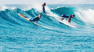 Group of women take off to surf the wave in the Maldives but nobody go