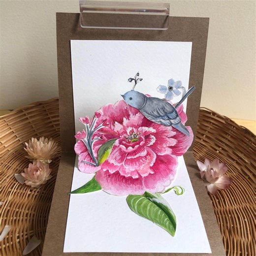 BLUE BIRD & FLOWER -hand Painted Pop up Card - Etsy