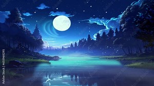 Beautiful nature moon night Sky Background video with falling stars sky. Cartoon or anime illustration style